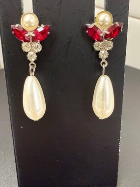 Pearl Drop & Red Crystal Dangle Earrings - Women Jewelry